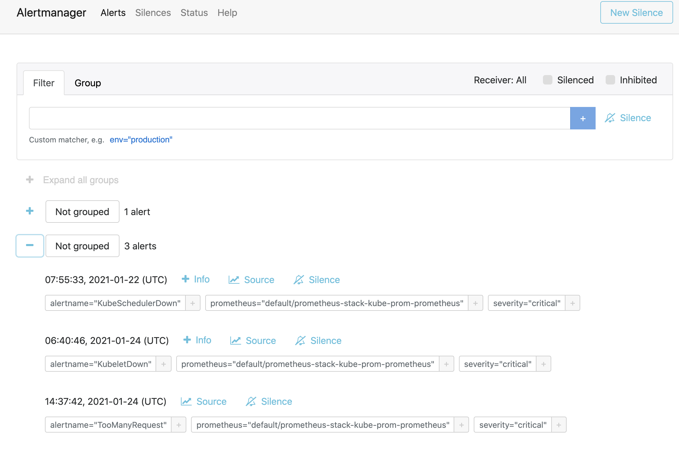 Screenshot showing the Prometheus Alertmanager dashboard