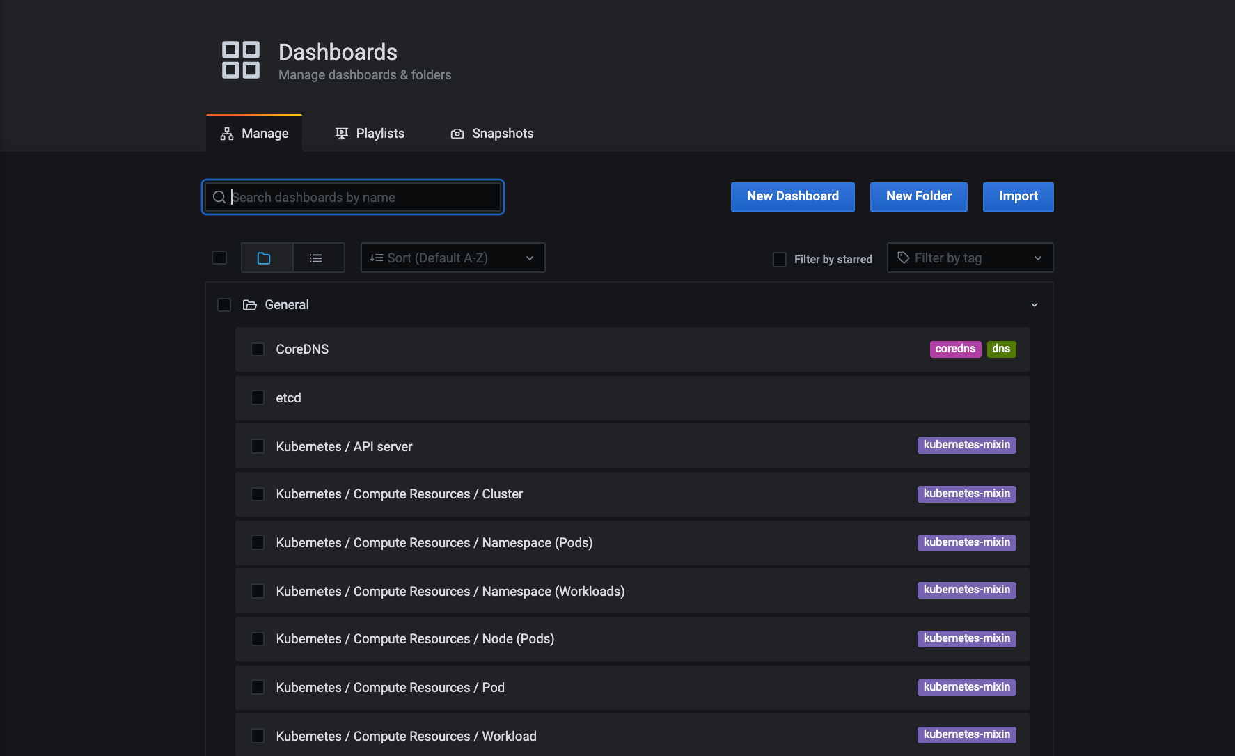 Screenshot of Grafana Dashboards management UI