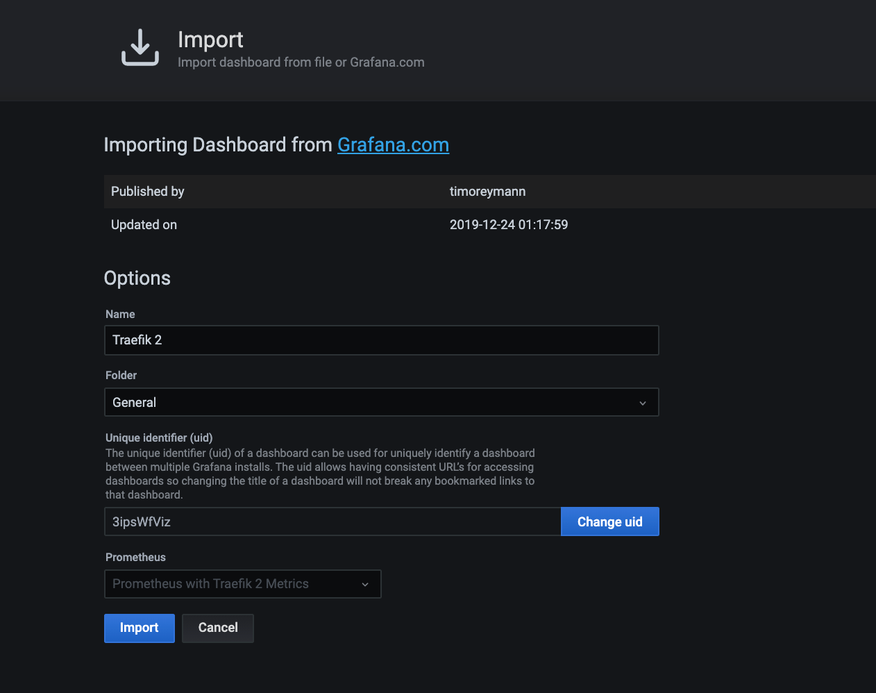 Screenshot showing process of importing a dashboard into Grafana