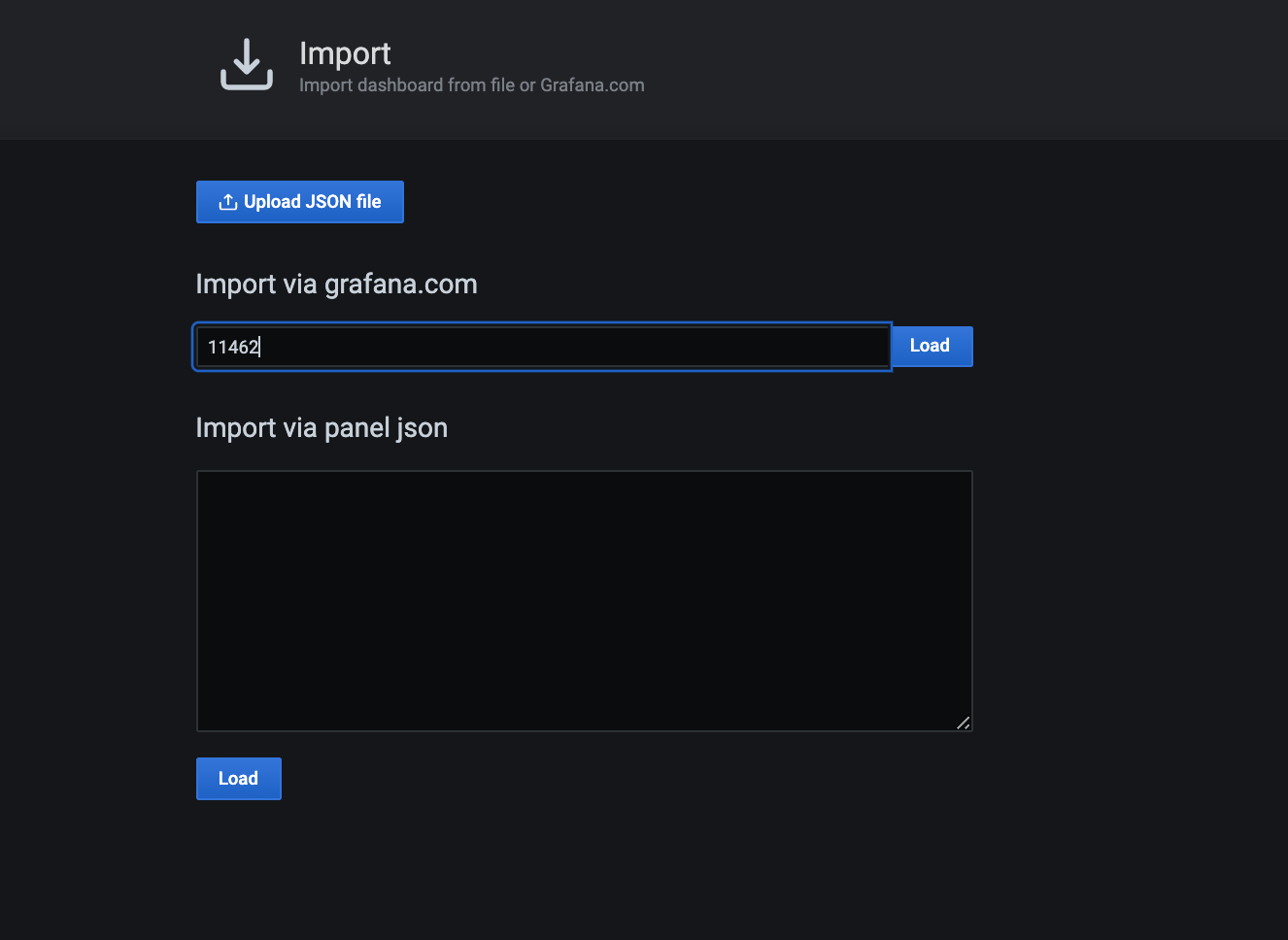 Screenshot showing importing a dashboard from the Grafana marketplace