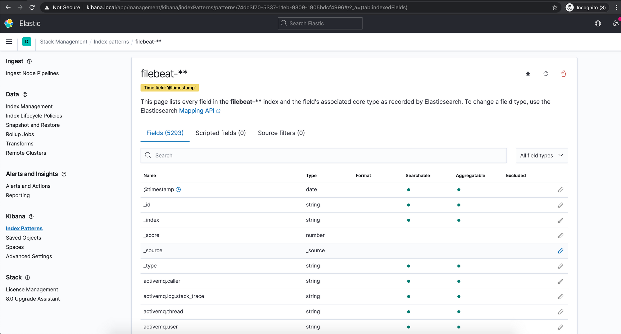 Screenshot of Kibana index pattern summary page