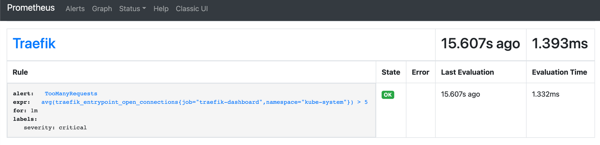 Screenshot showing newly-created Prometheus rule for Traefik