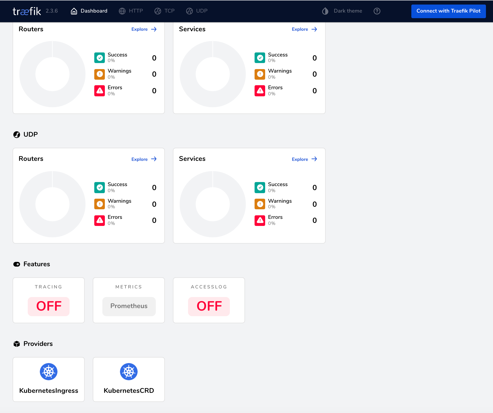 Screenshot of Traefik Dashboard showing Prometheus metrics enabled
